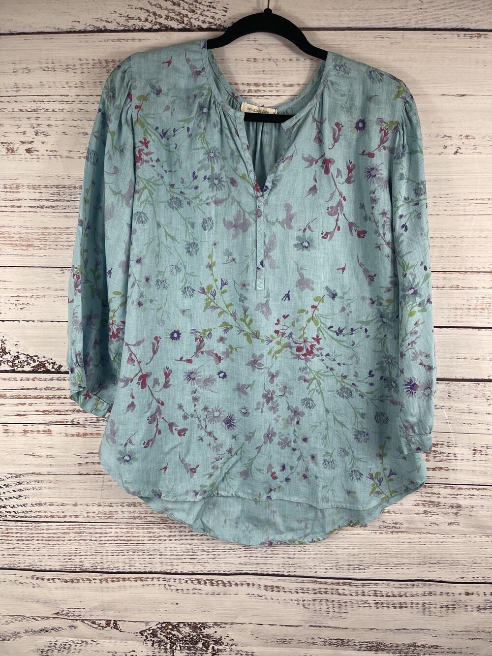 Sea Glass Lane Blouse Women's M Linen Tunic Top Long Sleeve Floral Made in US
